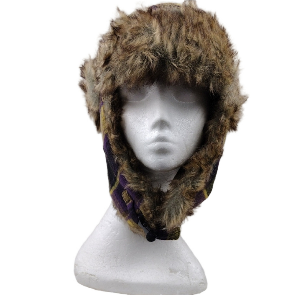 Polar Extreme Headware Purple Plaid Wool Blend Faux Fur Clip Front Trapper Hat